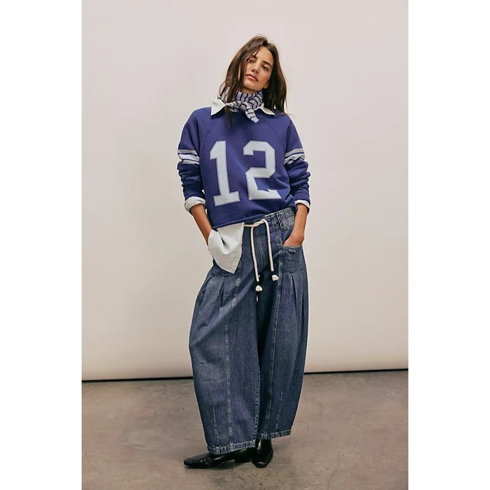 We The Free Free People Margo Pull-On Barrel Jeans Size XL Blue Rope Drawstring